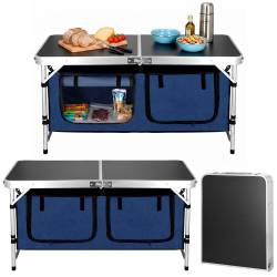 Masa pliabila pentru camping cu organizator suspendat, inaltime reglabila, aluminiu si MDF, 120x47x71 cm, negru si argintiu