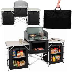 Bucatarie de camping pliabila cu 3 blaturi MDF, cadru aluminiu, portabila pentru exterior, 175x45x110 cm, gri
