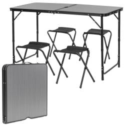 Set masa pliabila de camping cu 4 scaune, inaltime reglabila, aluminiu si MDF, 120x60x71 cm, negru