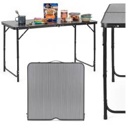 Masa pliabila pentru camping cu suport umbrela, reglabila pe inaltime, aluminiu si MDF, 120x60x71 cm, negru si gri