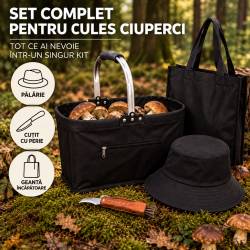 Set pentru cules ciuperci cu 4 accesorii, cos pliabil cu maner si baza rigidizata, geanta transport, palarie reversibila si cutit pliabil cu perie pen
