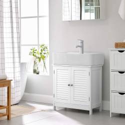 VASAGLE Dulap baie pentru lavoar cu raft reglabil, design scandinav cu 2 usi tip lamele, MDF, 60x30x60 cm, alb mat