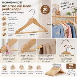SONGMICS Set 20 umerase pentru organizarea hainelor copiilor de 7-12 ani, lemn masiv de artar, forma adaptata hainelor mici, bara pentru pantaloni si