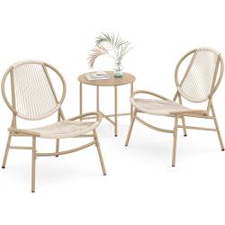 SONGMICS Set bistro gradina 3 piese, scaune Acapulco si masa diametru 50 cm, cadru metalic, maro