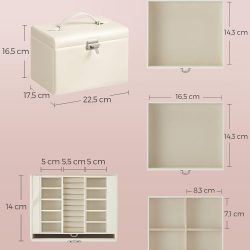 SONGMICS Cutie de bijuterii cu 4 nivele, 3 sertare, oglinda si incuietoare, 18x23x17cm, alb crem