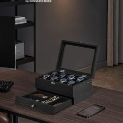 SONGMICS Cutie de ceasuri din lemn masiv, 8 compartimente si sertar bijuterii, 19x27x13cm, negru