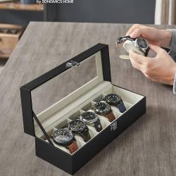 SONGMICS Cutie pentru depozitare 6 ceasuri, capac transparent din sticla, interior captusit cu catifea si perne detasabile pentru protectie, exterior