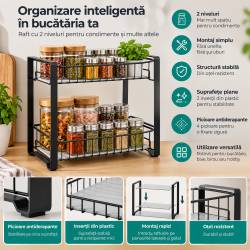 SONGMICS Raft organizator pentru bucatarie cu 2 niveluri pentru condimente si accesorii, structura metalica rezistenta din otel, utilizare multifuncti