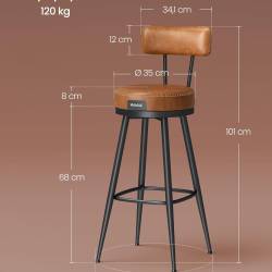 VASAGLE set 2 scaune de bar rotative 360°, cu spatar, inaltime 101 cm, piele sintetica, cadru otel, stil modern, maro