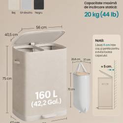 SONGMICS Cos de rufe cu capac, 160 L, 2 compartimente pentru sortarea hainelor, saci interiori detasabili cu manere pentru transport si golire usoara,