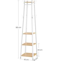 VASAGLE Cuier cu 8 carlige duble, 4 rafturi si bara pentru umerase, cadru metalic, stil industrial, 43x43x180 cm, stejar si alb