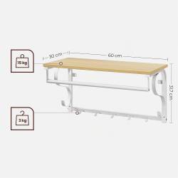 VASAGLE Cuier de perete cu raft de depozitare si sina, 5 carlige, 30x60x32 cm, alb si stejar