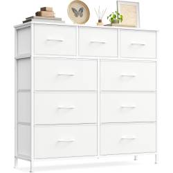 SONGMICS Comoda cu 9 sertare, cadru metalic si blat MDF, sertare textile, 99x30x95 cm, alb