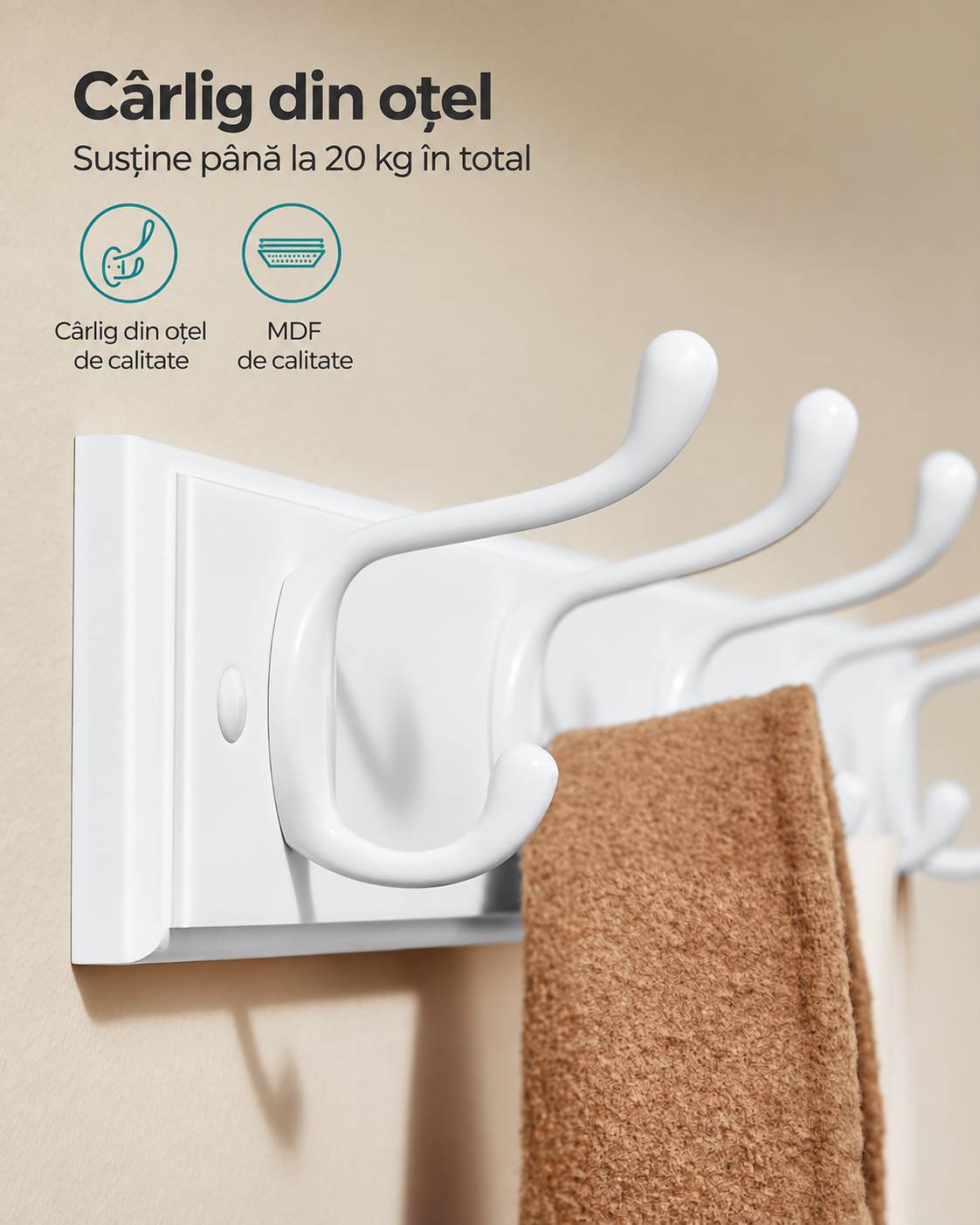 SONGMICS Cuier de perete cu 5 carlige duble si 10 puncte de agatare pentru haine, genti, palarii si prosoape, design compact pentru economisirea spati