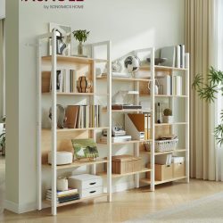 VASAGLE Biblioteca cu 14 rafturi din lemn, cadru metalic, 24x158x166cm, stil industrial, stejar auriu si alb