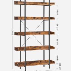 VASAGLE Biblioteca cu 5 rafturi tip tava cu margini de protectie, structura metalica, stil industrial, 100x28x178 cm, maro rustic