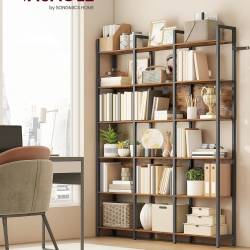 VASAGLE Biblioteca cu 6 rafturi, stil industrial, cadru metalic si PAL, 128x24x187 cm, maro rustic