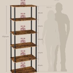 VASAGLE Biblioteca cu 6 rafturi, montaj rapid fara unelte, structura din otel, 60x24x173 cm, maro rustic si negru