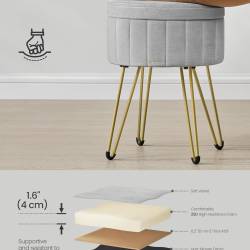 SONGMICS Taburet rotund cu spatiu de depozitare, tapiterie catifelata, 32x39x44 cm, gri