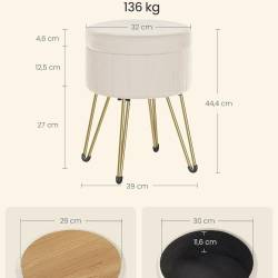SONGMICS Taburet rotund cu spatiu de depozitare, tapitat catifea, 32x39x44 cm, crem