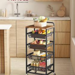 VASAGLE Carucior de bucatarie cu 5 niveluri si 4 cosuri metalice glisante pentru depozitarea fructelor si accesoriilor, blat superior cu aspect de lem
