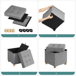 SONGMICS Taburet cu spatiu de depozitare 37 L, pliabil, sezut captusit, picioare din lemn, capacitate 300 kg, 38x38x40 cm, gri deschis