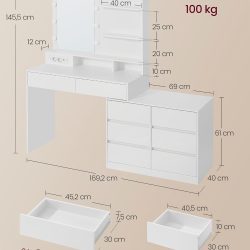 VASAGLE Masa de toaleta Kailyn modulara cu oglinda, 9 becuri LED iluminare reglabila, 8 sertare, priza si USB, montaj drept sau in L, alb