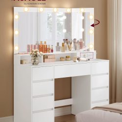 VASAGLE Masa de toaleta Kailyn cu oglinda tripla, 11 becuri LED, 9 sertare, prize si USB,107x40x144 cm, alb