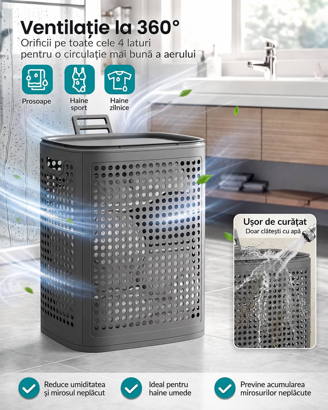 SONGMICS Cos de rufe 75 L pentru spatii mici, design ingust cu capac, ventilatie pentru circulatia aerului, 43x33x57 cm, gri inchis