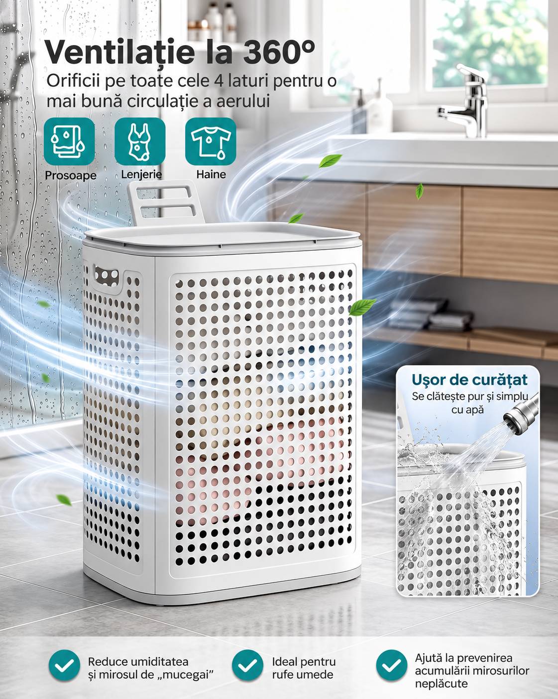 SONGMICS Cos de rufe 75 L pentru spatii mici, design ingust cu capac, ventilatie pentru circulatia aerului, 43x33x57 cm, alb