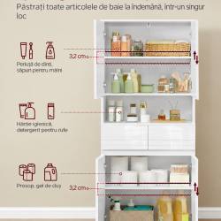 VASAGLE Dulap inalt de baie cu 2 dulapuri inchise, 2 sertare si compartiment deschis pentru organizarea prosoapelor si cosmeticelor, rafturi reglabile