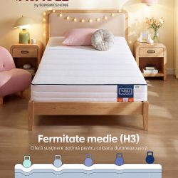 VASAGLE Saltea 90x200 cm cu spuma Memory Gel, 7 zone, doua fete de dormit, husa detasabila si lavabila, fermitate medie H3, alb