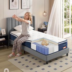 VASAGLE Saltea 90x200 cm cu arcuri individuale pentru reducerea transferului de miscare, spuma cu memorie si gel, 7 zone ergonomice si margini ranfors