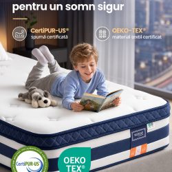 VASAGLE Saltea 90x200x25 cm cu sustinere H3 mediu-ferma, arcuri individuale, spuma Memory Gel, husa respirabila si margini intarite, albastru si alb