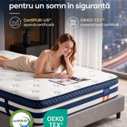 VASAGLE Saltea 140x200x25 cm cu sustinere H3 mediu-ferma, arcuri individuale, spuma Memory Gel, husa respirabila si margini intarite, albastru si alb