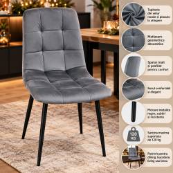 Scaun dining tapitat cu velur moale, sezut si spatar profilat cu matlasare geometrica, picioare metalice, maxim 120 kg, inaltime sezut 49 cm, dimensiu