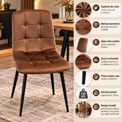 Scaun dining tapitat cu velur moale, sezut si spatar profilat cu matlasare geometrica, picioare metalice, maxim 120 kg, inaltime sezut 49 cm, dimensiu