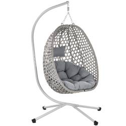 Leagan tip cuib suspendat, cu perna, cadru metalic si cos PE, 103x95x185 cm, gri