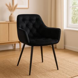Fotoliu catifea tapitat, cu spatar inalt si design cu cusaturi, 55x60x89 cm, negru