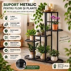 Suport metalic pentru flori si plante cu 5 rafturi si 7 locuri pentru ghivece, structura rezistenta din otel, maxim 30 kg, pentru living, balcon sau t