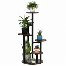 Suport pentru flori cu 5 polite din lemn, structura metal verticala, 33x33x86 cm, negru