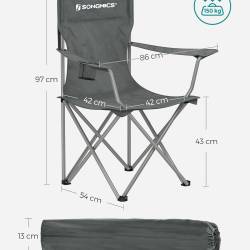 SONGMICS Set 2 scaune pliabile camping cu suport bauturi, husa transport, 150 kg, 54x86x97 cm, gri