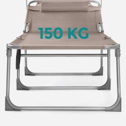 SONGMICS Sezlong pliabil, cu parasolar si tetiera, spatar reglabil in 4 pozitii, maxim 150kg, 200x71x38 cm, taupe
