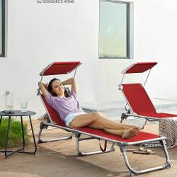 SONGMICS Sezlong pliabil, cadru usor din aluminiu, cu parasolar, spatar reglabil in 5 pozitii, maxim 150kg, 193x55x31cm, rosu
