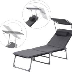 SONGMICS Sezlong pliabil, cu saltea, parasolar si tetiera, spatar reglabil in 4 pozitii, maxim 150kg, 193x53x30 cm, gri