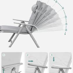 SONGMICS Sezlong pliabil, cu saltea groasa si tetiera, spatar reglabil, maxim 150kg, 183x60x39cm, gri