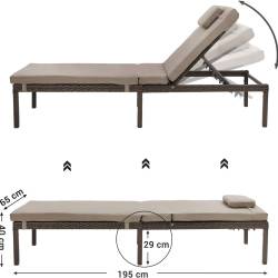 SONGMICS Sezlong gradina cu saltea groasa si tetiera, ratan PE si metal, maxim 150 kg, 195x65x40 cm, maro