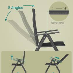 SONGMICS Set 2 scaune gradina pliabile cu spatar reglabil 8 pozitii, 150 kg, 56x70x106 cm, negru