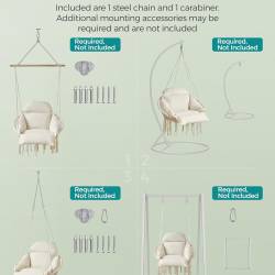 SONGMICS Scaun suspendat tip hamac cu perna groasa, stil scandinav, cadru metalic, include lant si carabiniera, 120 kg, crem