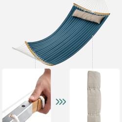 SONGMICS Hamac dublu cu bare curbate din bambus, perna inclusa, maxim 225 kg, 200x140 cm, albastru